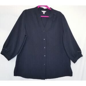 White Stag Women's Black Crinkle Material Button Up 3/4 Sleeves Sz XL/XG (16-18)